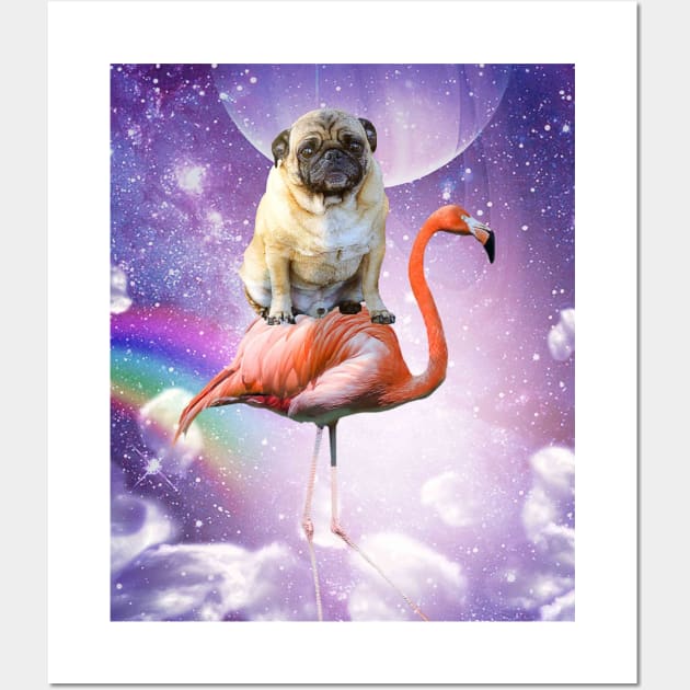 Pug Riding Flamingo In Space - Rainbow Wall Art by Random Galaxy